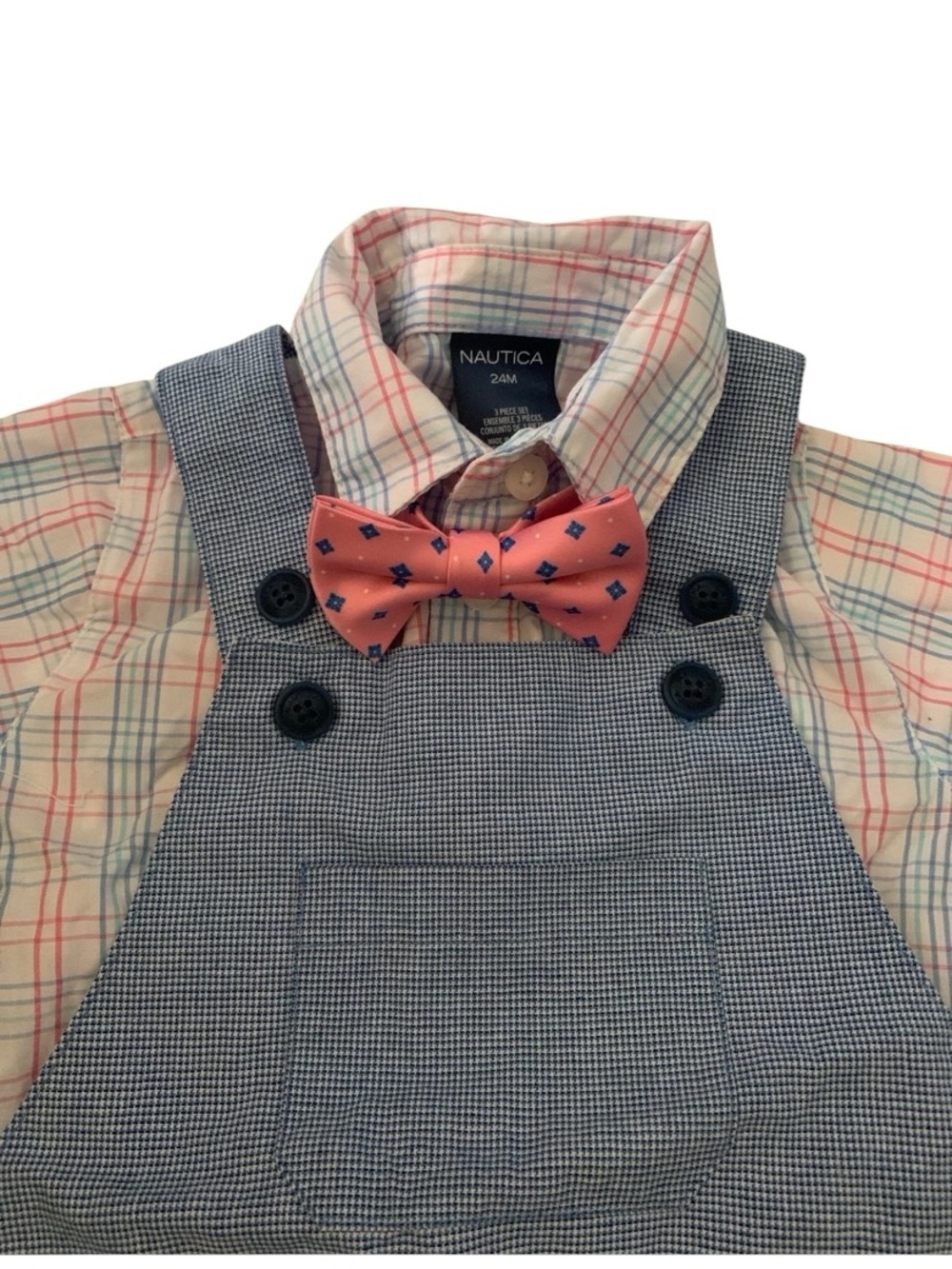 Nautica Kids Coral Bow Tie with Navy Accent and Blue Check Overalls Set